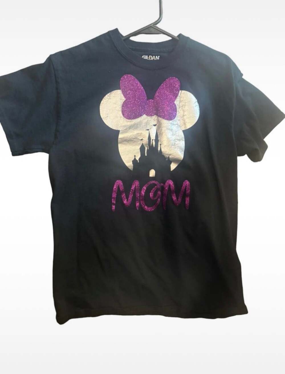 Gildan Black Minnie Mouse Castle MOM Glitter T-Shirt